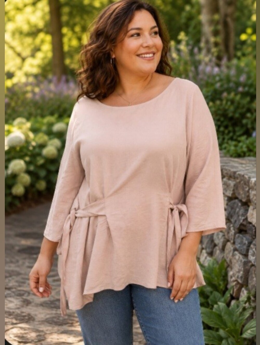Zara Blush Beige Side Waist Tie 3/4 Length Sleeves Tunic Top Large Office Career